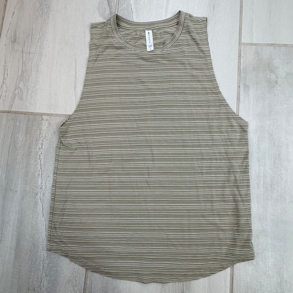 Athleta Striped Muscle Tank Top Olive Green White Sleeveless S 657799-00